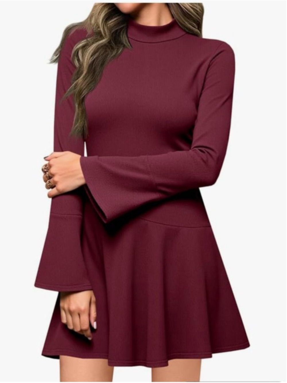 Bell-Sleeve Mock Neck Mini Dress in Burgundy Wine Red party Medium 730